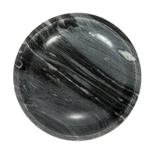 A round grey marble pedestal bowl with a smooth finish, sitting on a sturdy base.